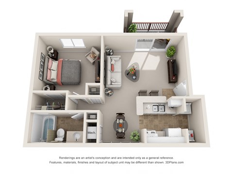 Floor plan for 1 bed, 1 bath, 679 sqft